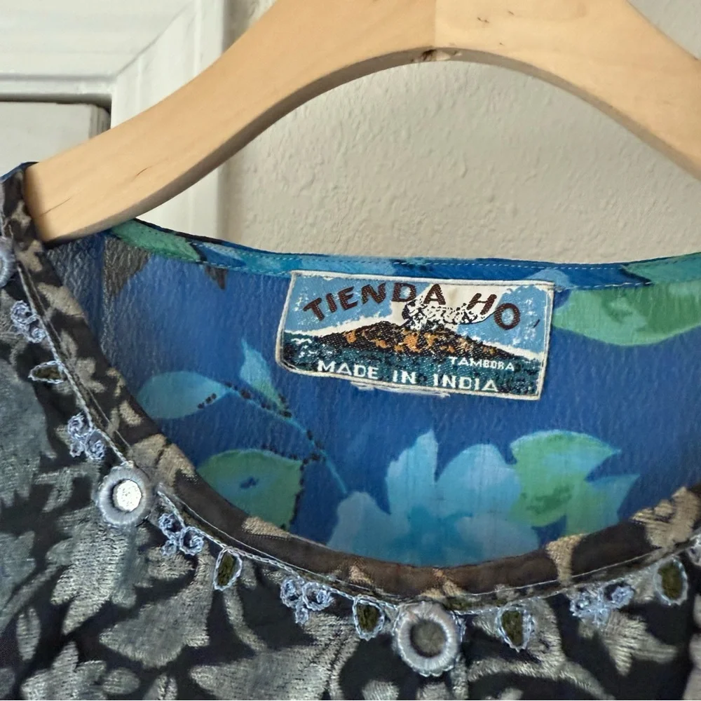 TIENDA HO blue navy burnout velvet floral mixed media mirror trim boxy oversized